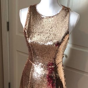 Gold sequined dress.